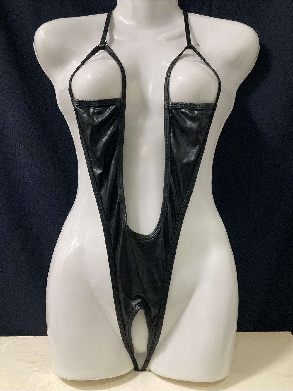 Black Faux Leather Deep Plunge Monokini NWOT